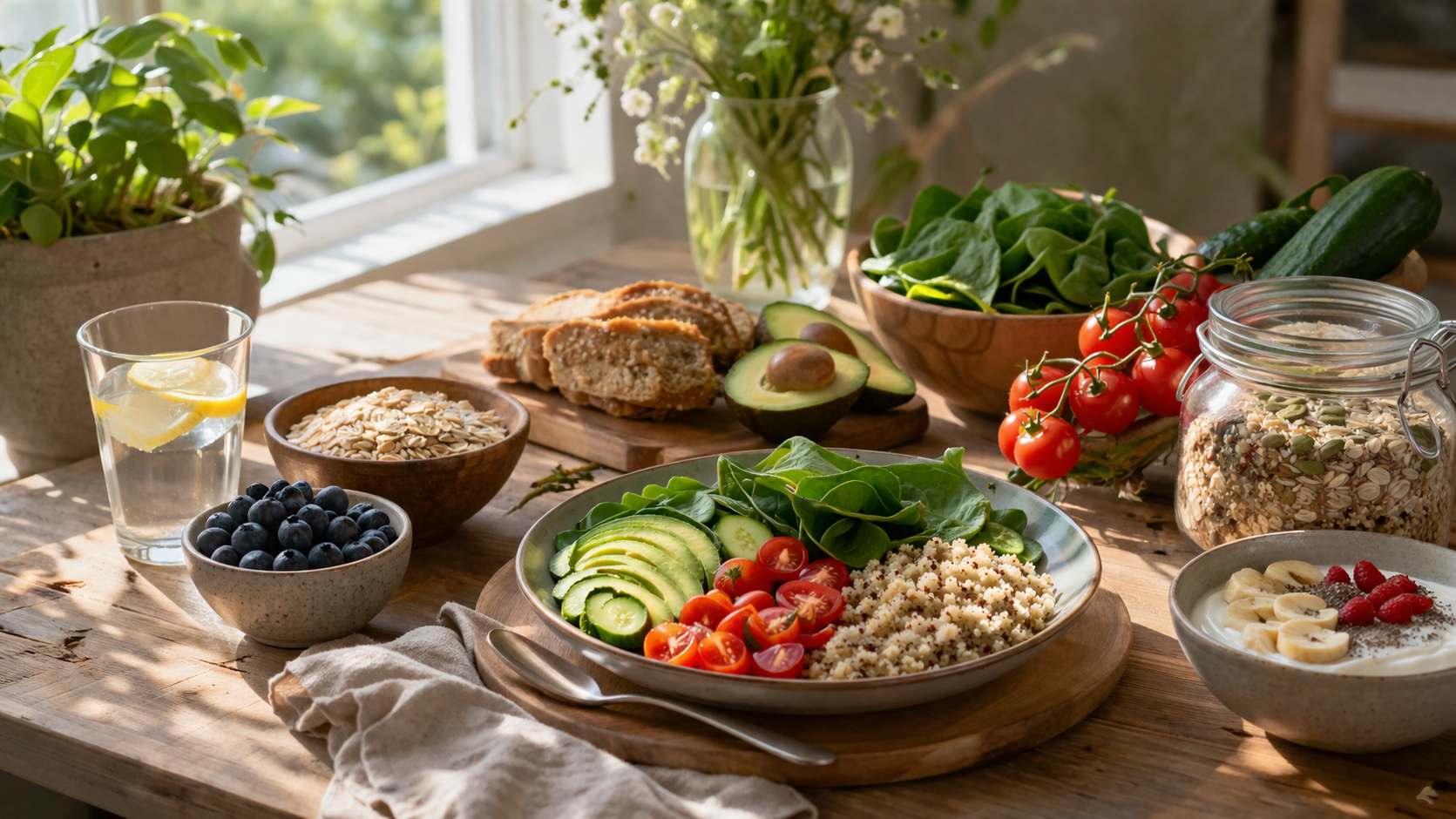 Peaceful morning scene with healthy breakfast ingredients on wooden table, natural light, fresh vegetables and whole grains arranged aesthetically, calm and serene atmosphere