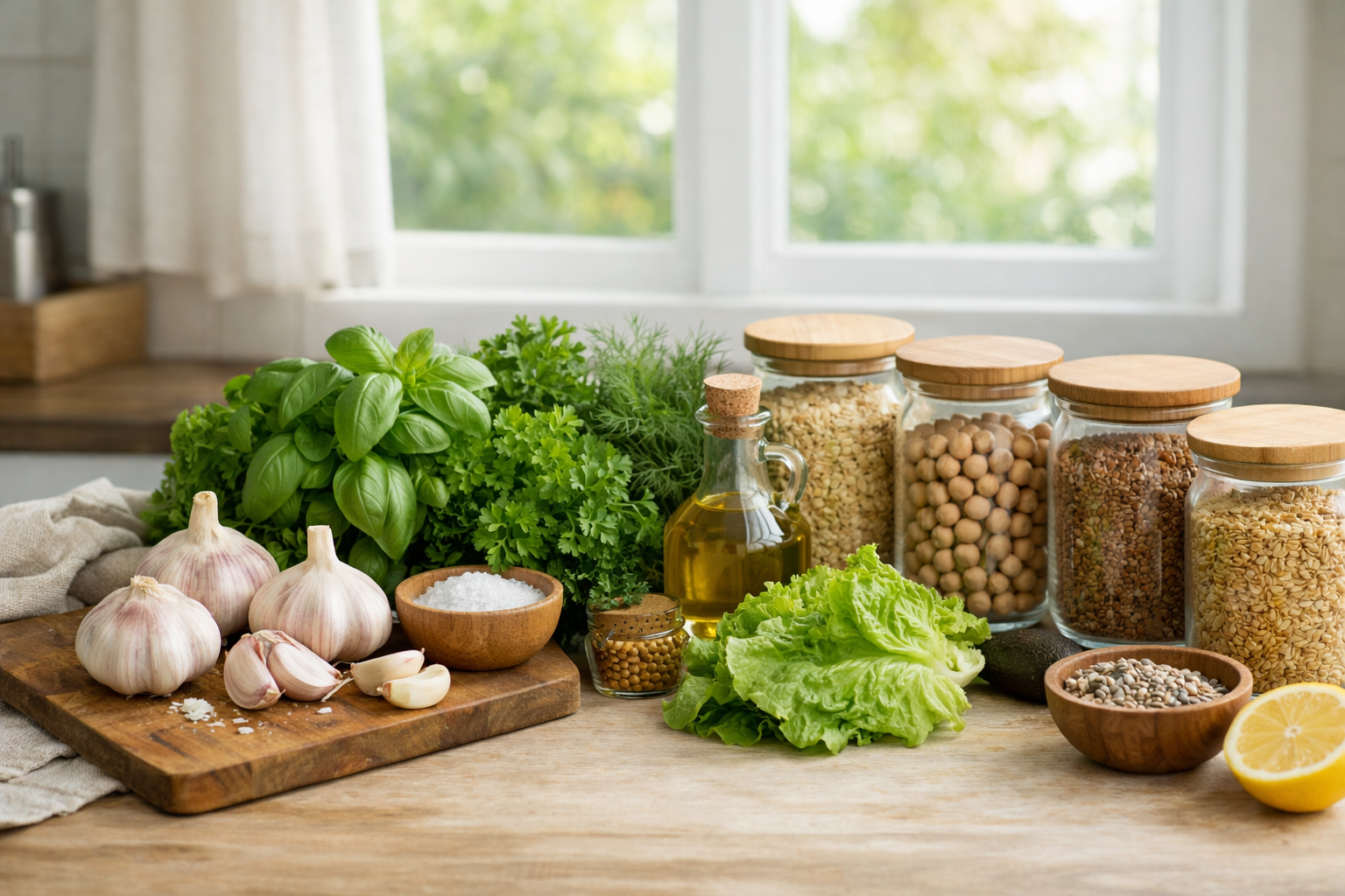 Natural herbs and ingredients on kitchen counter, garlic, leafy greens, whole grains in glass jars, clean and organized, soft daylight through window